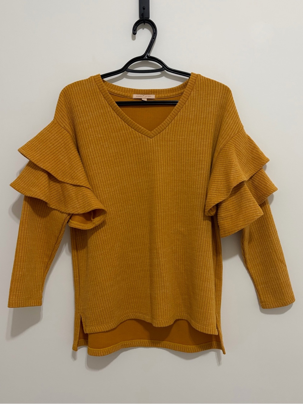 Mustard Ruffle Sleeve V-Neck Sweater